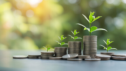 A photo of multiple growing pillars of money with a little plant above each pillar. Representing the growth of a bussines or a currency. And also the importance of saving money