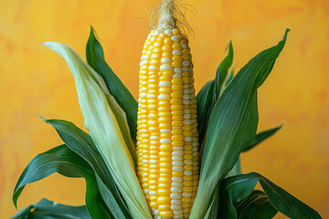 A freshly picked ear of corn, isolated on a pastel yellow background, showcasing staple farm produce,