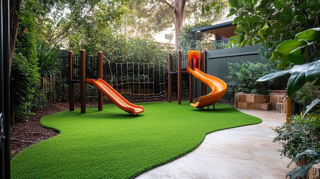 Installing Artificial Turf in Backyard Playground. copy space for text.