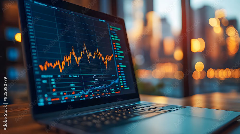 Poster close up view of a laptop screen displaying financial data analytics and market graphs charts and da