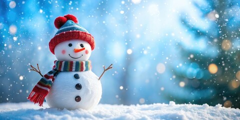 Obraz premium Cheerful snowman standing in a winter wonderland, snow, snowman, winter, holiday, Christmas, festive, white, cold, scarf, hat