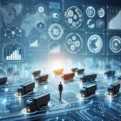 Fototapeta premium An illustration of business process automation concept, showcasing graphs for distribution analysis and consumption monitoring in a high-tech digital environment 