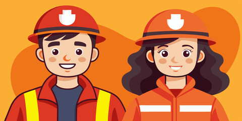 Firefighters. Happy man and a woman, fire service workers, wearing protective uniforms. Firewoman and fireman
