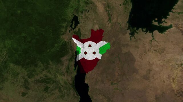 Zoom from Earth to Burundi. (Country Flag) World map province animation with highlighted borders of countries. Images from NASA