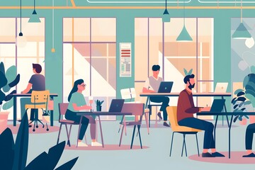 Fototapeta premium Modern Office Illustration with People Working at Desks