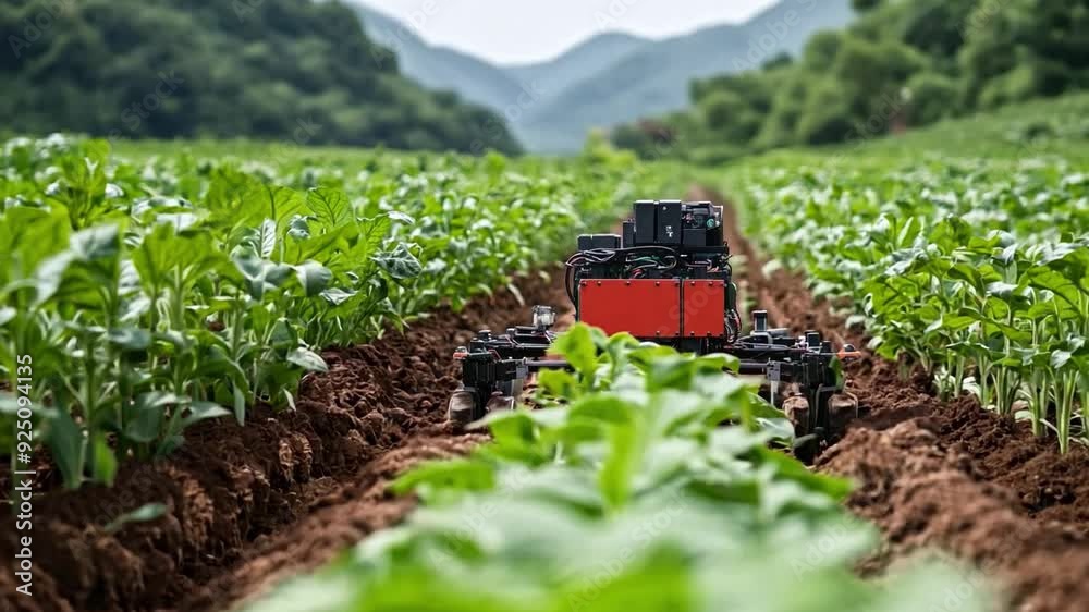 Poster a robotic device is actively working among green crop rows in a vibrant agricultural setting with mo