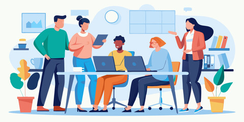 Colleagues of company are discussing the project in the office. Teamwork. Brainstorm
