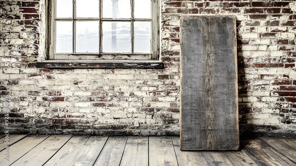 Wall mural Rustic Wooden Plank Against Brick Wall Background