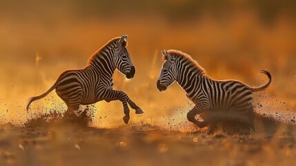 Two zebras engage in a playful fight.