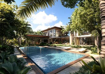 Fototapeta premium Modern Tropical Villa with Swimming Pool and Lush Greenery