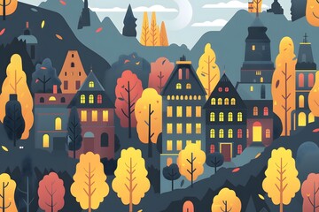 Autumn Village Illustration With Colorful Trees
