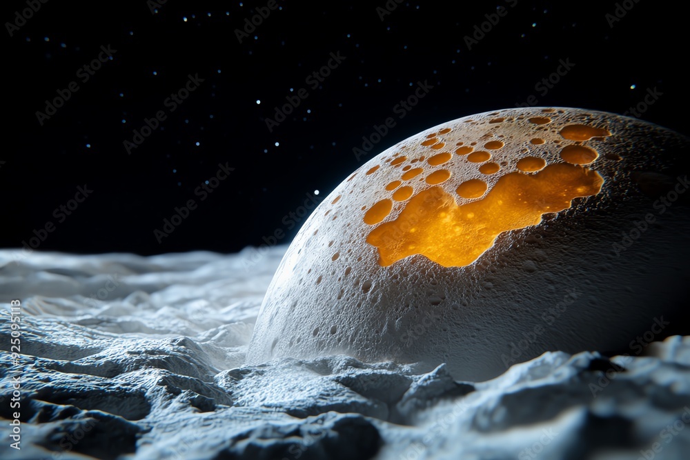 Poster a glowing, cratered orb rests on a desolate, moon-like surface. tiny particles of dust float in the 
