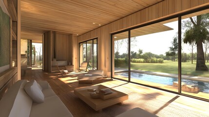 Fototapeta premium Modern Minimalist Living Room With Wooden Walls And A View Of A Swimming Pool