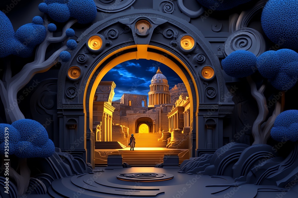 Poster a glowing archway leads to a mysterious city, framed by shadowy trees and detailed architecture.
