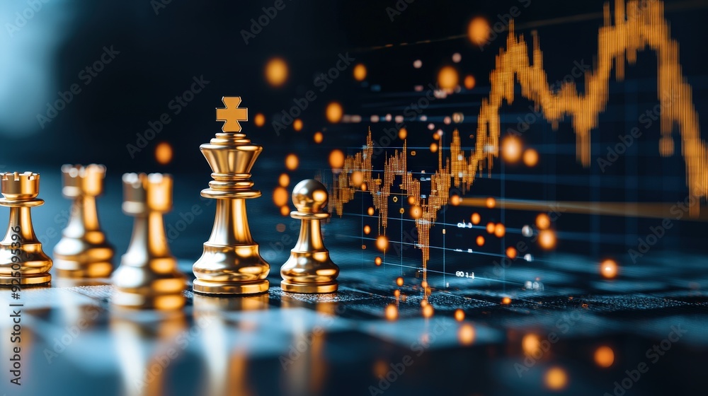 Wall mural golden chess pieces on a fluctuating gold price graph as the board