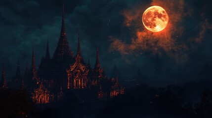 A Buddhist temple glows under the radiant light of a full orange moon, creating a mystical atmosphere in the night
