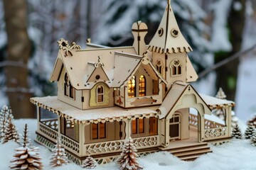 Intricately crafted wooden model house glowing with warm light on snowy day evoking cozy christmas...