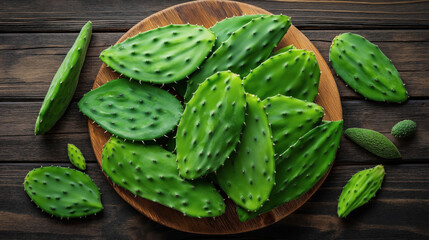 Fresh nopal cactus pads, also known as nopales, arranged on a rustic wooden surface and brown plate.