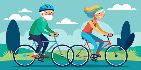 Happy elderly couple ride bicycle. Seniors on an active holiday. Grandparents in helmets ride sports bikes outside
