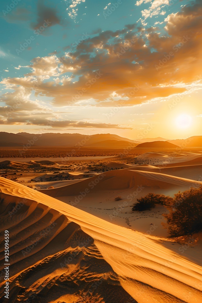 Poster desert dunes at sunset with golden sky