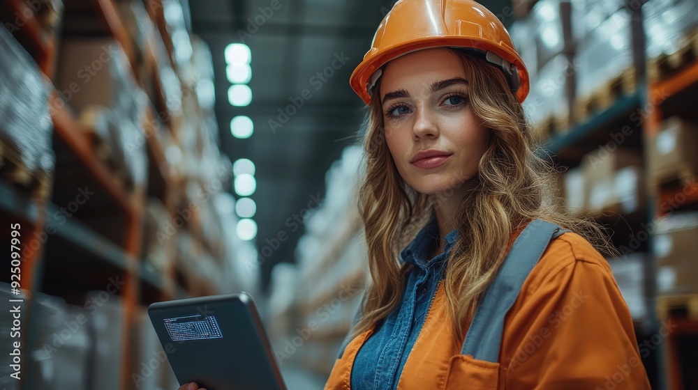 Poster checking stuff in warehouse with digital system warehouse workers