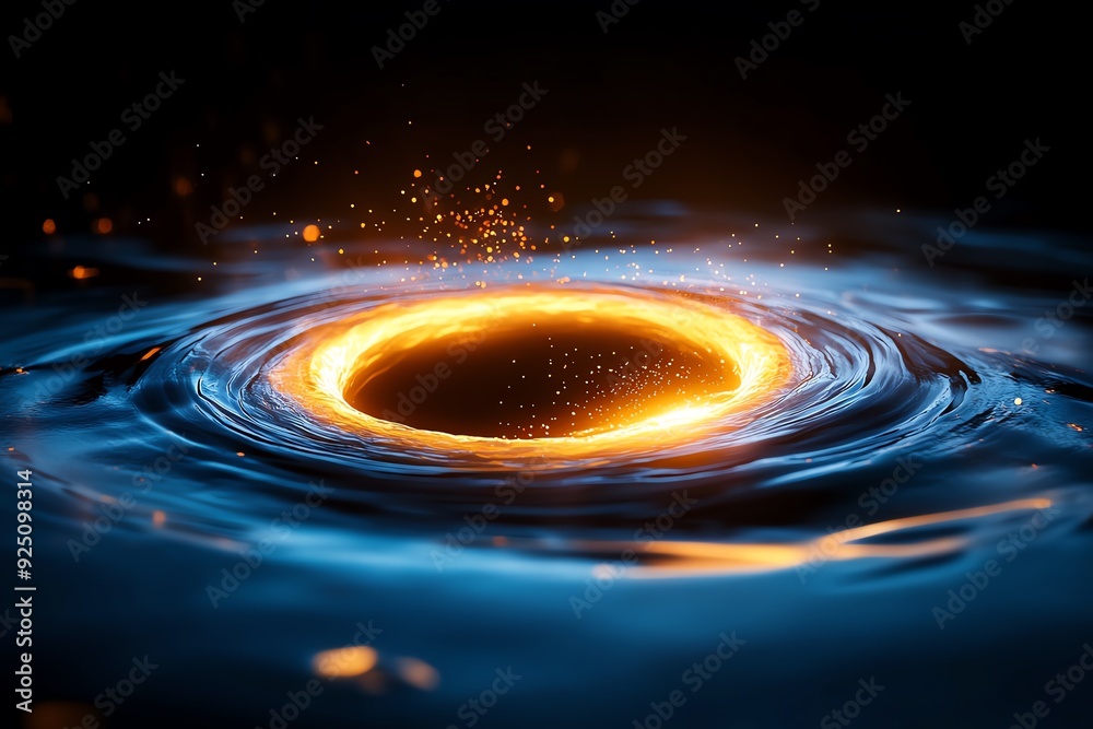 Aufkleber a glowing ring of light forms a vortex in a dark blue liquid, surrounded by ripples and particles.