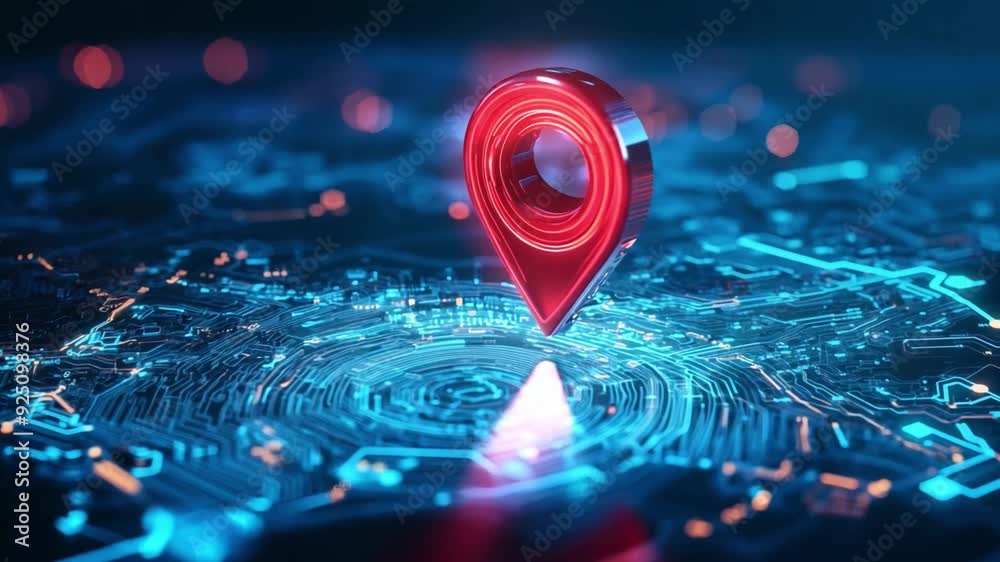 Poster a bright red location marker identifies a specific point on a glowing digital map, showcasing advanc