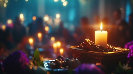 Community members gather, enjoying meaningful connections surrounded by candles and festive decorations, celebrating tradition and togetherness