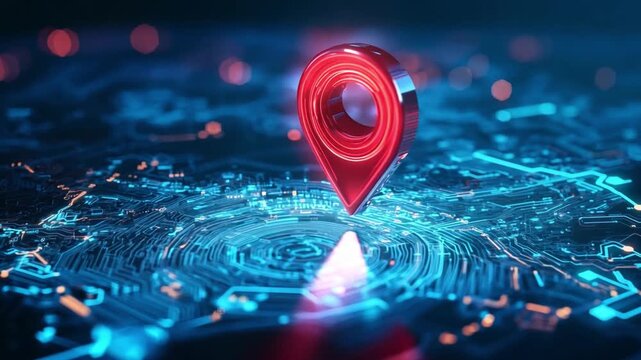 A bright red location marker identifies a specific point on a glowing digital map, showcasing advanced navigation technology.