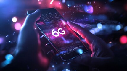 Hand holding smartphone with 6G technology concept, night city background
