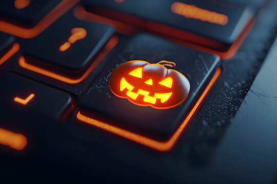 Button on computer keyboard with halloween pumpkin icon.