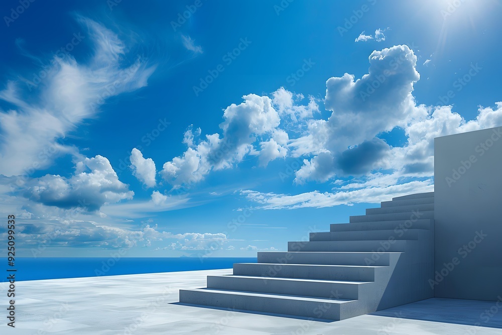 Poster Concrete Stairs Leading Up To Blue Sky With Clouds