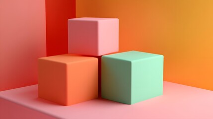 Fototapeta premium Abstract Minimalist 3D Rendering of Three Colorful Cubes on a Pink and Orange Gradient Background