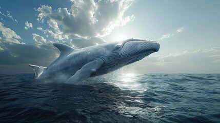 Naklejka premium A majestic blue whale leaping out of the ocean as the sun rises,