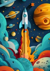 Colorful rocket ship launching into space illustration with planets and stars