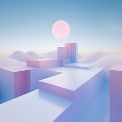 Fototapeta premium Abstract Geometric Shapes in a Dreamy Landscape with a Pink Sun