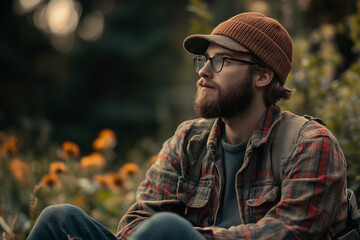 Obraz premium Portrait of gardener man in flower garden with depth of field, Selective focus middle age man with straw hat planting flower in the backyard.