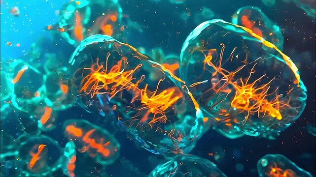 Vibrant and detailed depiction of mitochondria with glowing inner structures, showcasing their intricate design and biological significance