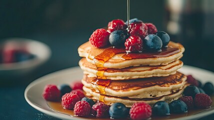 A delicious stack of fluffy pancakes topped with fresh berries and a drizzle of maple syrup