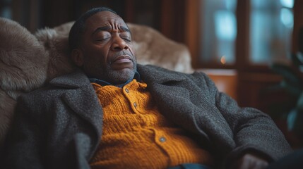 An elderly man rests comfortably, embodying tranquility as he sits in a warm, inviting space illuminated by soft evening light