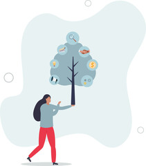 Cooperative tree with finance, communication and strategy branches .flat design with people.