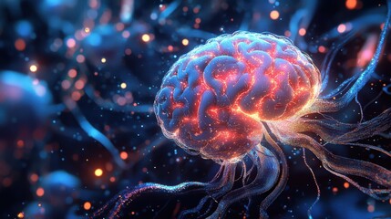 A colorful, abstract brain emerges amid swirling lights, representing the idea of mental freedom and creativity in a mesmerizing digital environment