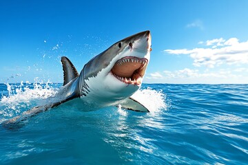 Naklejka premium A great white shark leaps out of the water with its mouth open, showing sharp teeth. The blue ocean and sky provide a stunning backdrop.