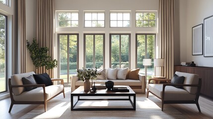 Fototapeta premium Beautifully staged living room in a new home with stylish furniture and large windows