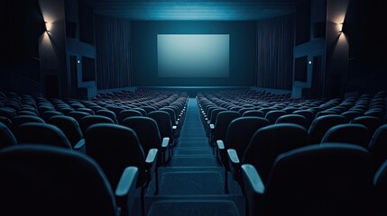 Cinema interior with rows of empty seats and a dark movie screen, ready for showtime