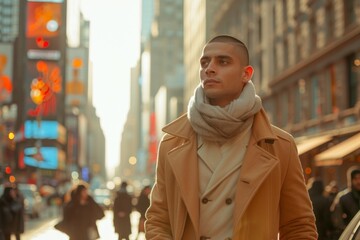 Naklejka premium A man dressed in warm, layered clothing walks through a busy city street, embodying resilience and determination against a backdrop of urban life and winter ambiance.