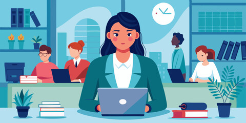 Business woman at desktop. Office employee working on a laptop, group corporate chat and checking mail
