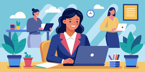 Business woman at desktop. Office employee working on a laptop, group corporate chat and checking mail
