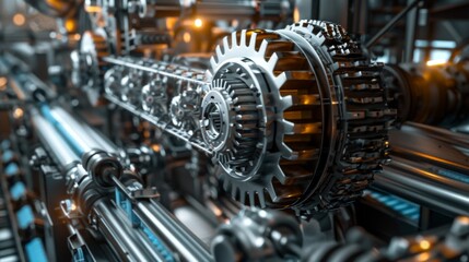 Fototapeta premium Detailed photograph showcasing close-up view of metallic mechanical gears and components, depicting precision engineering in an industrial setting with good lighting.
