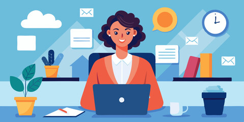 Business woman at desktop. Office employee working on a laptop, group corporate chat and checking mail
